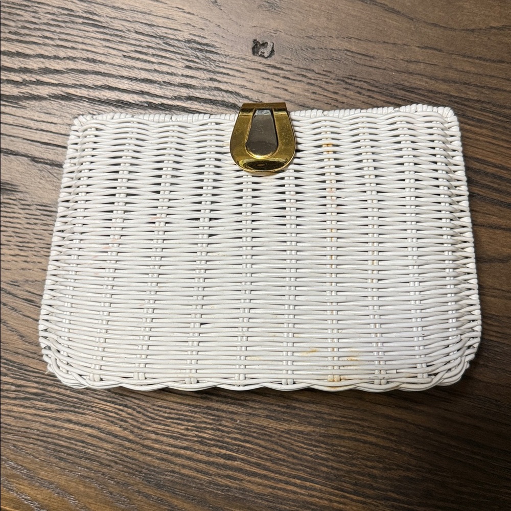 Vintage White Woven Clutch with Gold Clasp